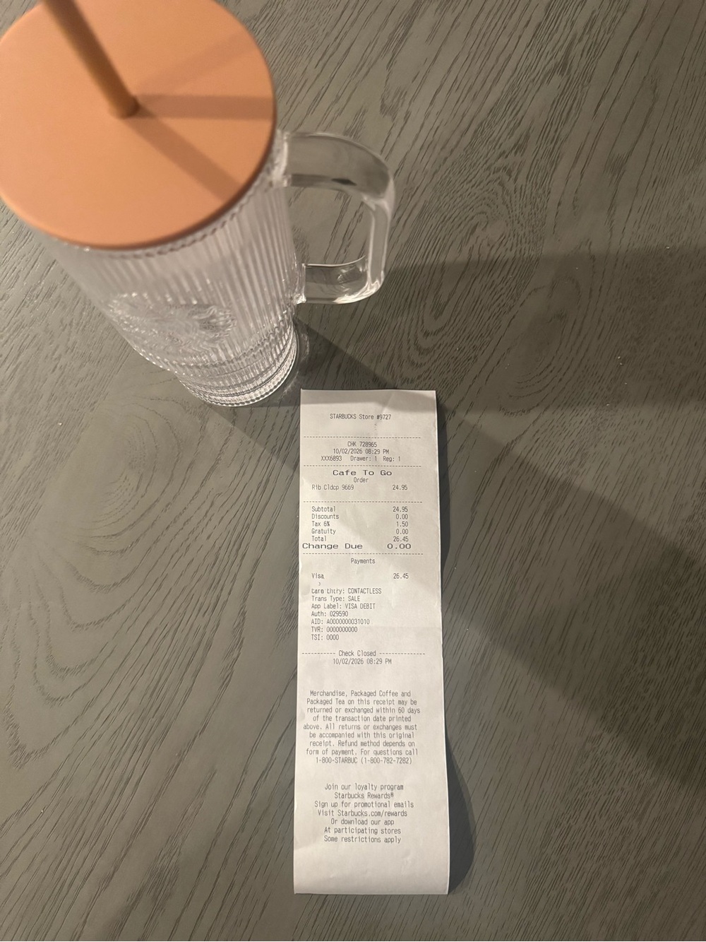 Brand New Starbucks Clear Ribbed Mug with Peach Lid and Straw